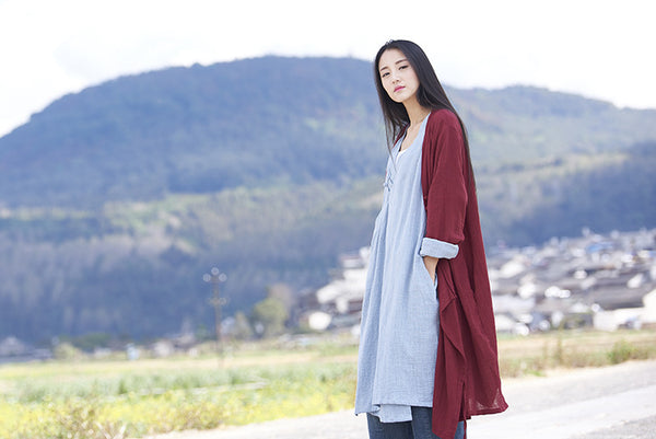 Women Thin and Soft Linen and Cotton Long-sleeved Coat