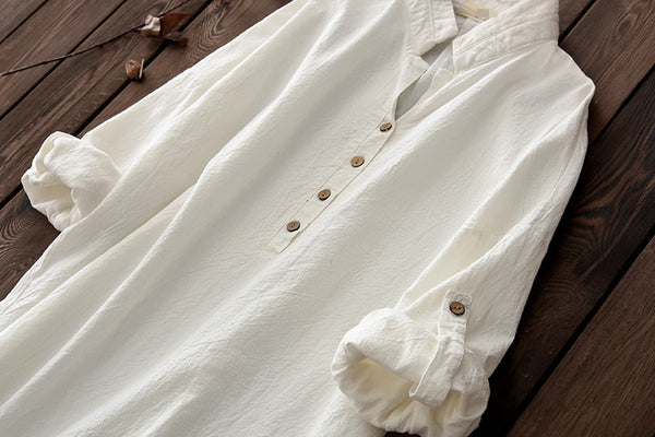 Simple Retro Style Linen and Cotton Half Button Collar Bracelet Sleeve Shirt