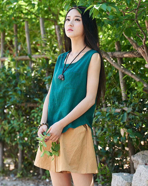 Women cotton and linen Sleeveless summer thin loose vest style t-shirt with pocket