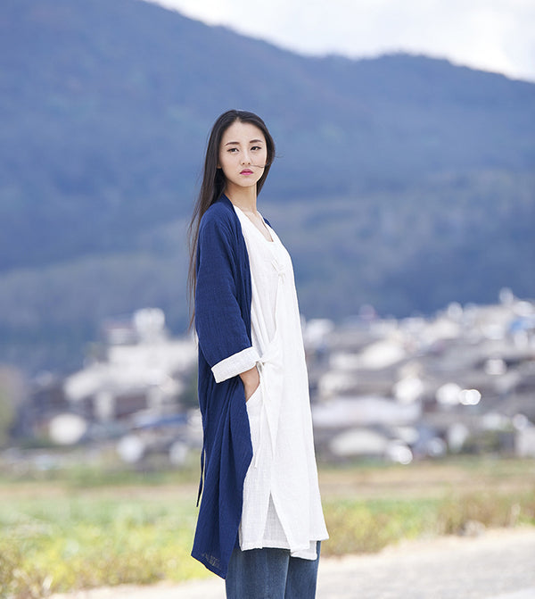 Women Thin and Soft Linen and Cotton Long-sleeved Coat