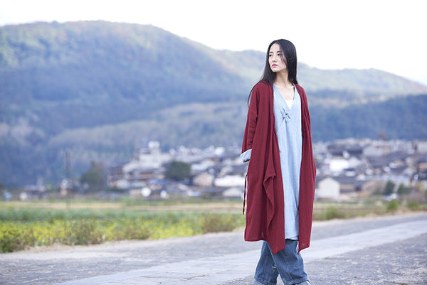 Women Thin and Soft Linen and Cotton Long-sleeved Coat