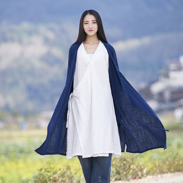 Women Thin and Soft Linen and Cotton Long-sleeved Coat