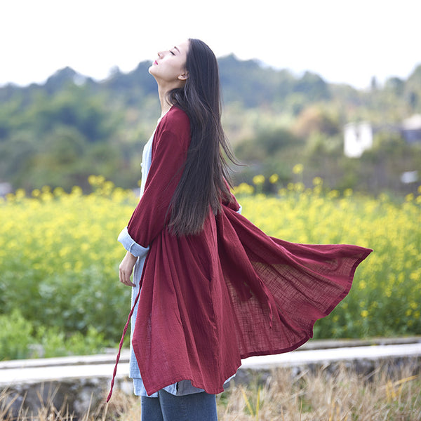 Women Thin and Soft Linen and Cotton Long-sleeved Coat