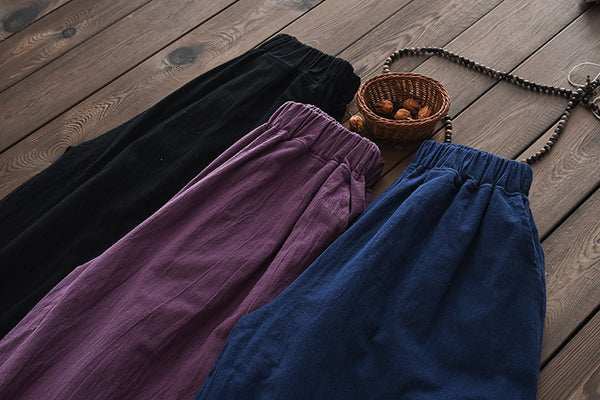 Women Loose Water Wash Linen and Cotton Wide Leg Pants
