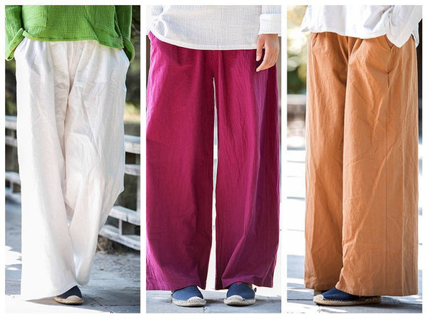 Women Loose Water Wash Line and Cotton Wide Leg Pant