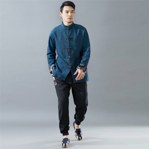Men Hanfu Style Linen Tops – Tai Chi Style Hangfu Kungfu Zen Style Men's Linen Top