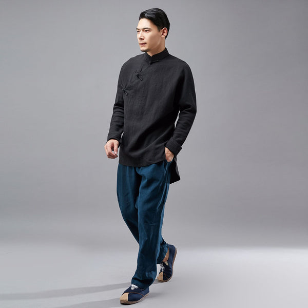 Men Eastern Swallowtail Coat Style Hangfu Kungfu Zen Style Men Long Sleeve Linen and Cotton Top