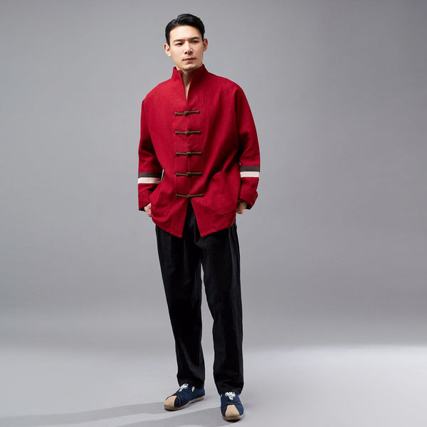Men Hangfu Kungfu Zen Style Men Long Sleeve with Stripe Linen and Cotton Top