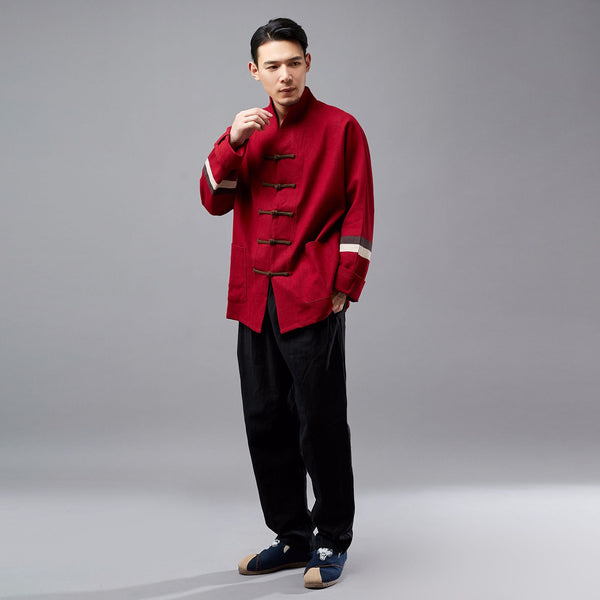 Men Hangfu Kungfu Zen Style Men Long Sleeve with Stripe Linen and Cotton Top