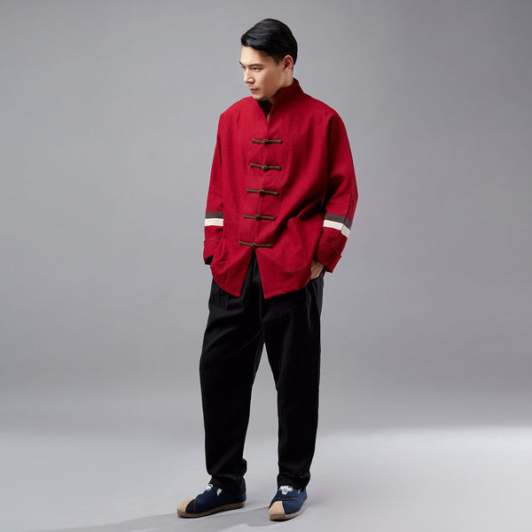 Men Hangfu Kungfu Zen Style Men Long Sleeve with Stripe Linen and Cotton Top