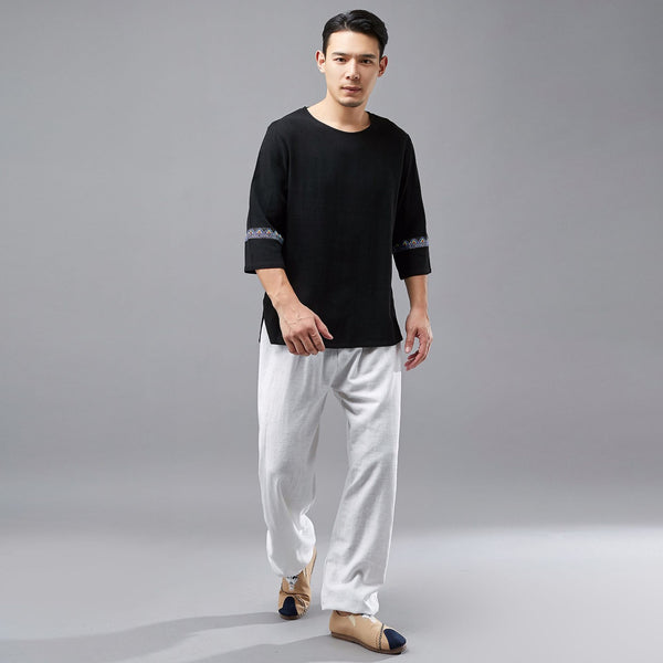 Men Ethnic Hangfu Kungfu Zen Style Men Linen and Cotton Short Sleeve T-shirt Tops