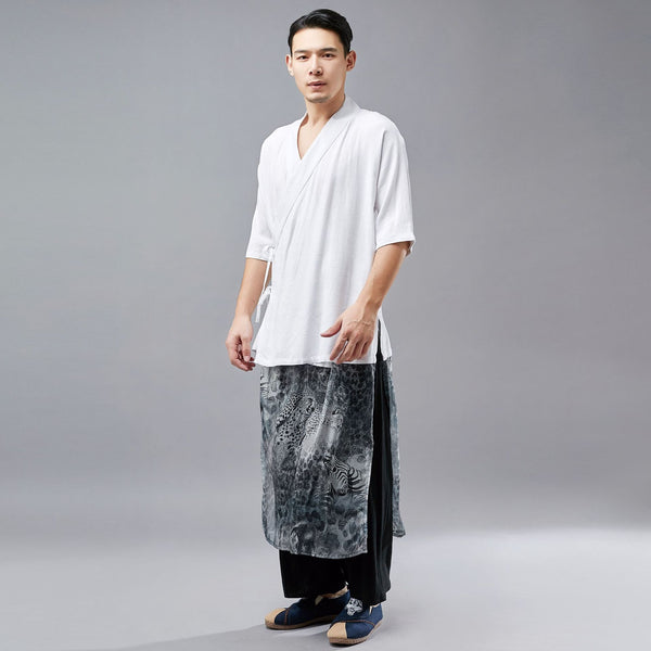 Men Tai Chi Style Hangfu Kungfu Zen Style Short Sleeve Linen and Cotton Tops