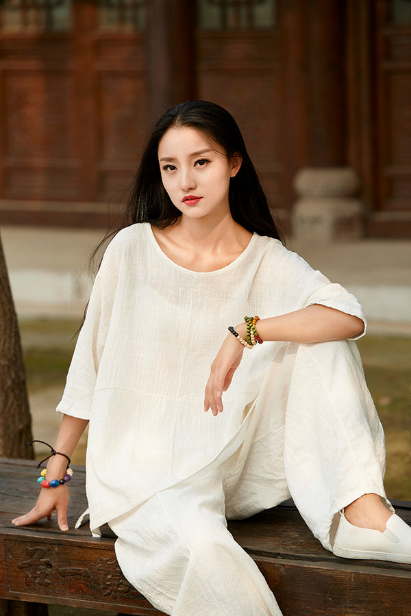 Simple Pure Color Linen and Cotton Loose Style Women Middle Sleeve Blouses