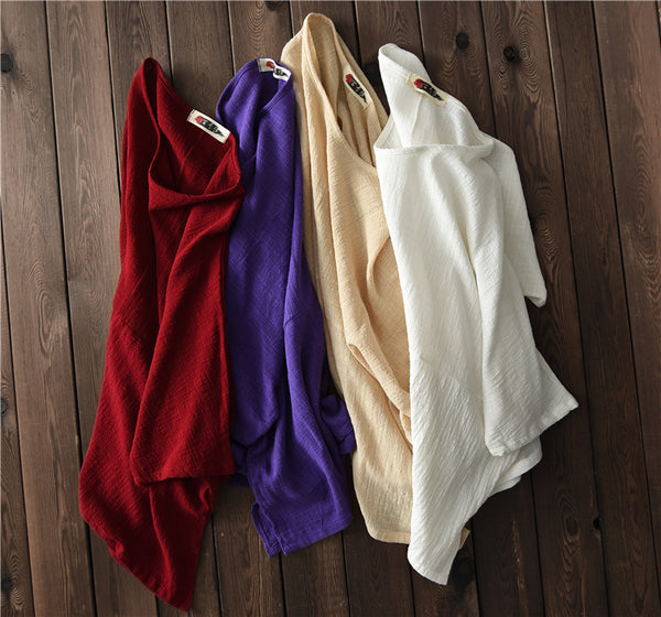Simple Pure Color Linen and Cotton Loose Style Women Middle Sleeve Blouses