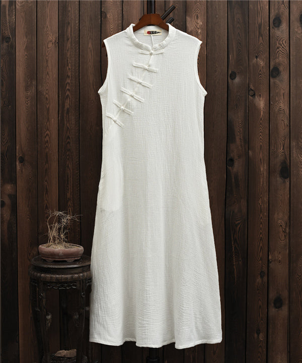 Women Chinese QiPao Type Linen and Cotton Sleeveless Maxi Dress