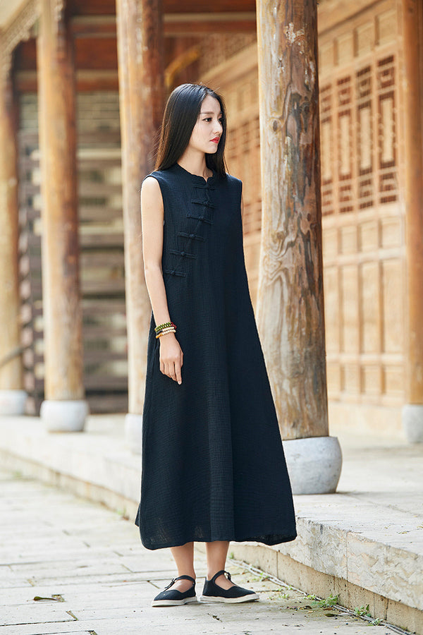 Women Chinese QiPao Type Linen and Cotton Sleeveless Maxi Dress