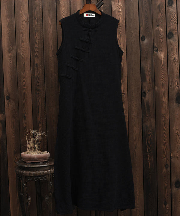 Women Chinese QiPao Type Linen and Cotton Sleeveless Maxi Dress