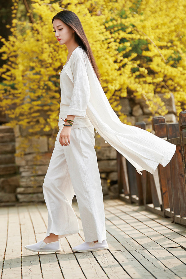Women Linen and Cotton Asian KungFu Style Cardigan Coat