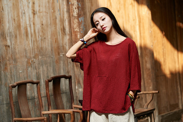 Simple Pure Color Linen and Cotton Loose Style Women Middle Sleeve Blouses