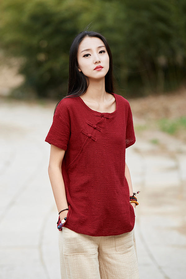 Linen and Cotton Retro Chinese Style Blouses – Simple Pure Color Retro Skinny Style Women Short Sleeve Blouses