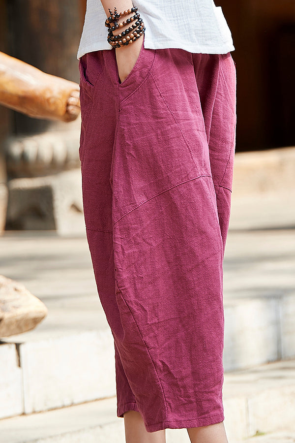 Women Casual Loose Linen Lantern Cropped Pants