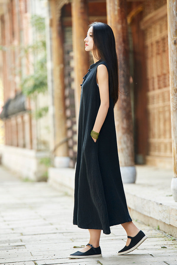 Women Chinese QiPao Type Linen and Cotton Sleeveless Maxi Dress