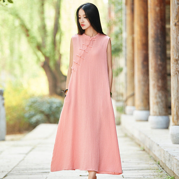 Women Chinese QiPao Type Linen and Cotton Sleeveless Maxi Dress