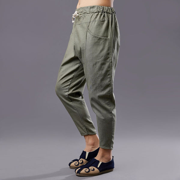 Men New Style Causal Linen and Cotton Capri Small Leg Opening Pants