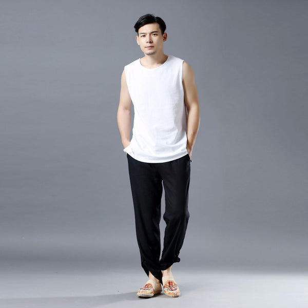 Men Simple Sleeveless Linen and Cotton Tank