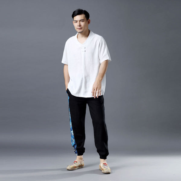 Men Pullover Short Sleeve Linen and Cotton Shirts Tops