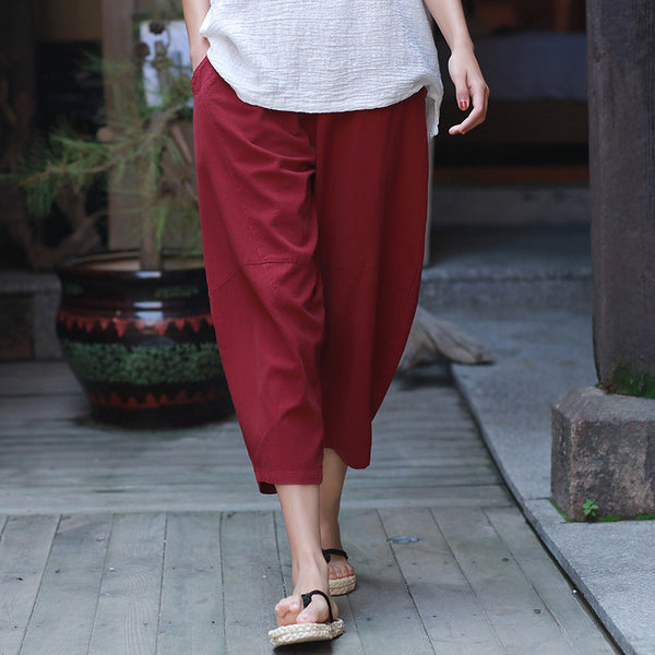 Women Casual Linen and Cotton Lantern Cropped Pants