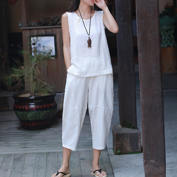 Women Casual Linen and Cotton Lantern Cropped Pants