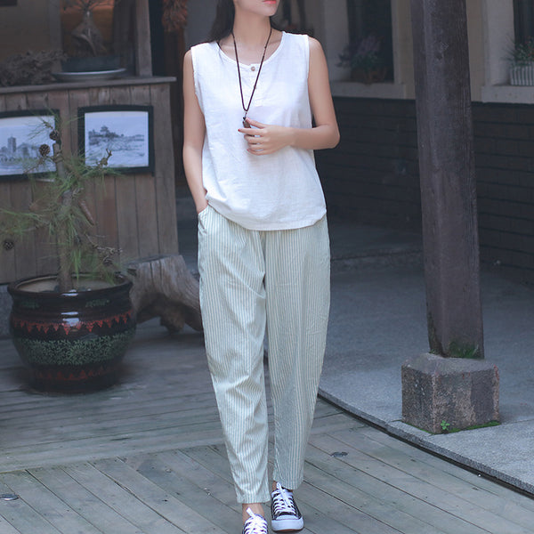 Women Linen and Cotton Casual Cropped Striped Pants