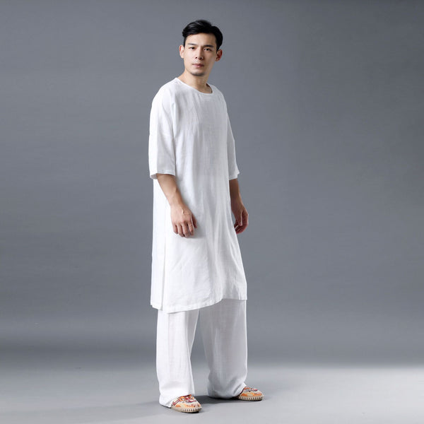 Men Simple Loose Comfort Tunic Style Linen and Cotton Short Sleeve Shirt Tops and Pants Set