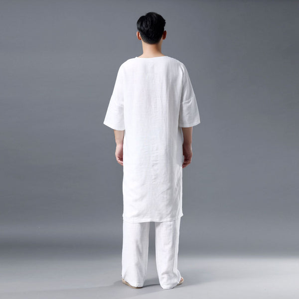 Men Simple Loose Comfort Tunic Style Linen and Cotton Short Sleeve Shirt Tops and Pants Set