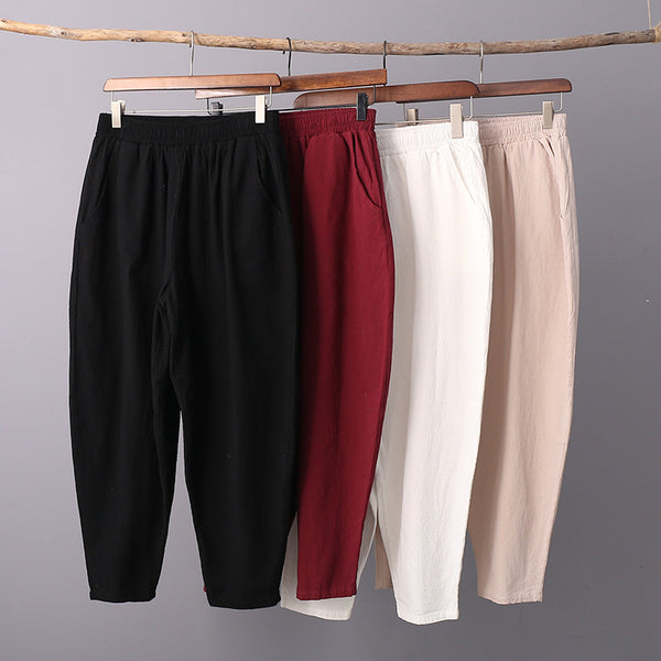 Women Casual Linen and Cotton Loose  Cropped Small Leg Pants