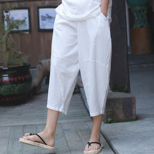Women Casual Linen and Cotton Lantern Cropped Pants