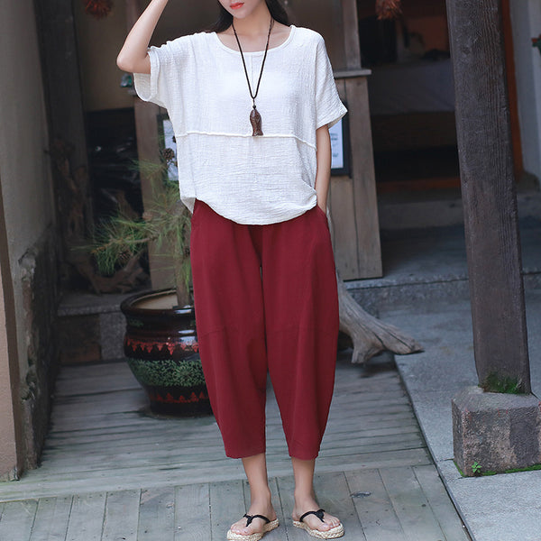 Women Casual Linen and Cotton Lantern Cropped Pants