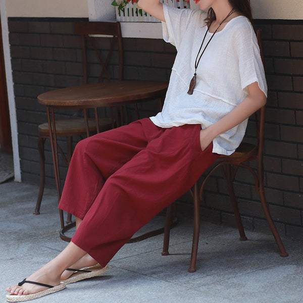 Women Casual Linen and Cotton Lantern Cropped Pants
