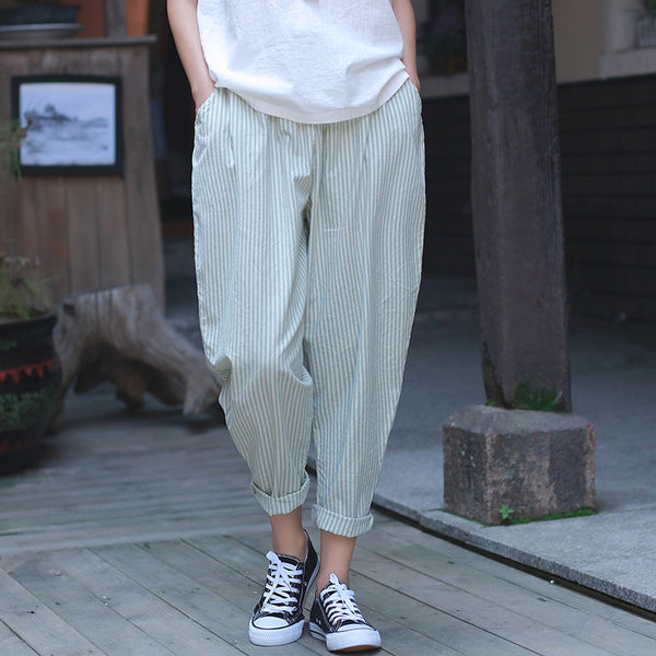 Women Linen and Cotton Casual Cropped Striped Pants