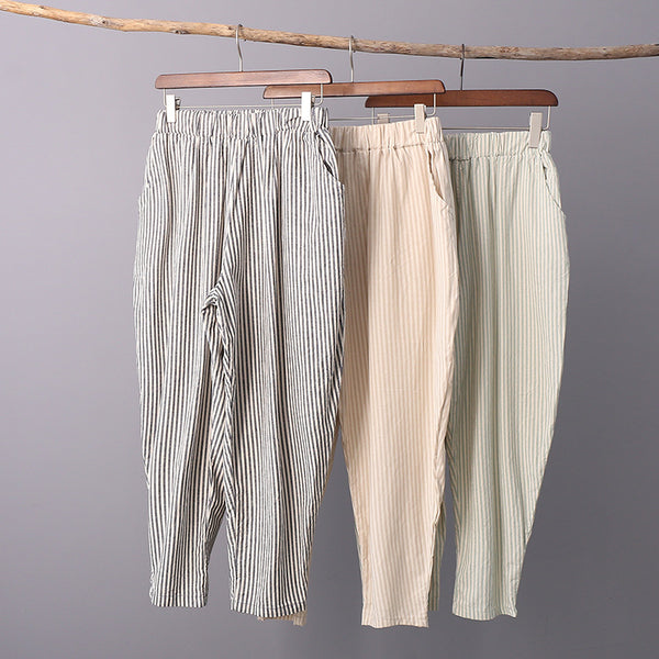 Women Linen and Cotton Casual Cropped Striped Pants