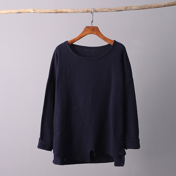 Simple Retro Style Women Long Sleeve Linen and Cotton T-shirt