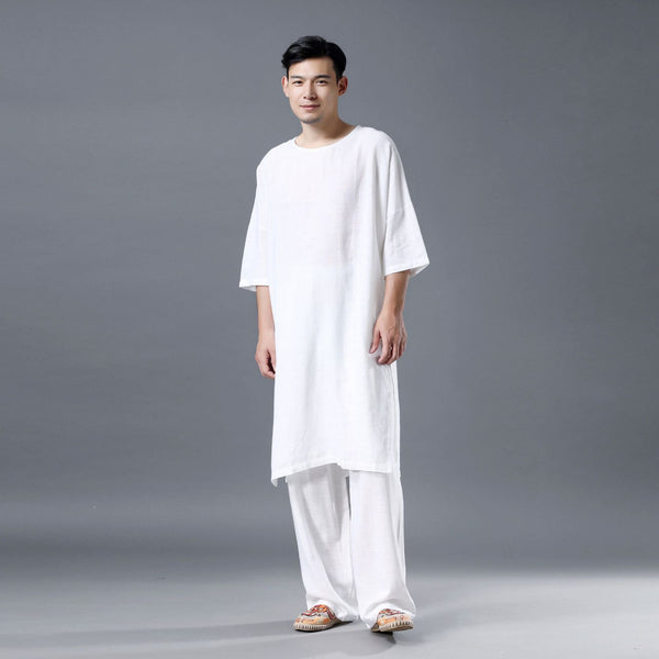 Men Simple Loose Comfort Tunic Style Linen and Cotton Short Sleeve Shirt Tops and Pants Set