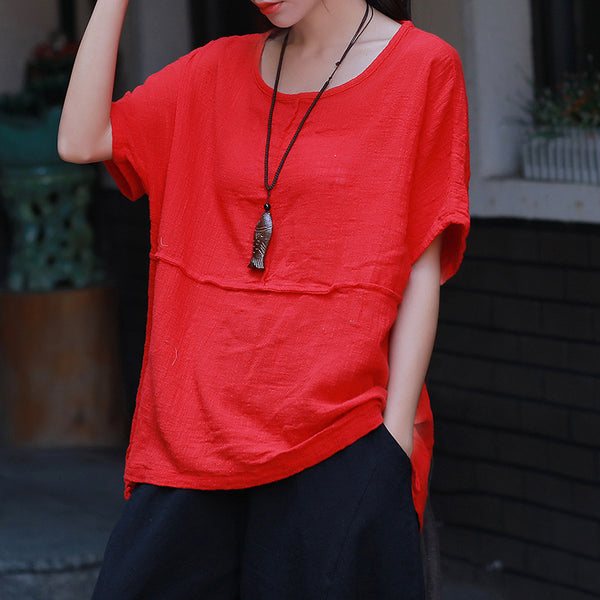 Simple Style Women Short Sleeve Linen and Cotton T-shirt