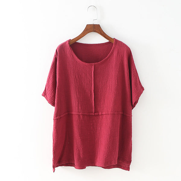 Simple Style Women Short Sleeve Linen and Cotton T-shirt