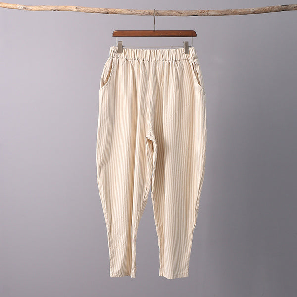 Women Linen and Cotton Casual Cropped Striped Pants
