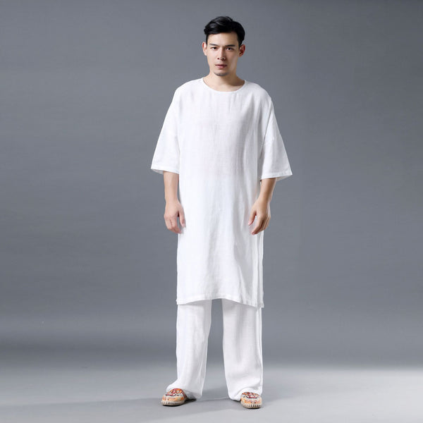 Men Simple Loose Comfort Tunic Style Linen and Cotton Short Sleeve Shirt Tops and Pants Set