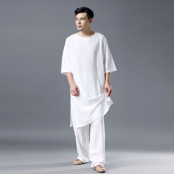 Men Simple Loose Comfort Tunic Style Linen and Cotton Short Sleeve Shirt Tops and Pants Set