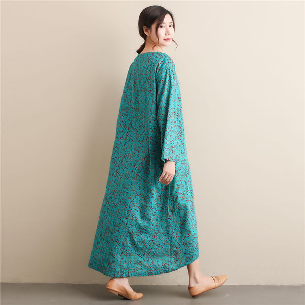 Women Simple Style Small Flower Printed Long Sleeved Linen and Cotton Thin Dress