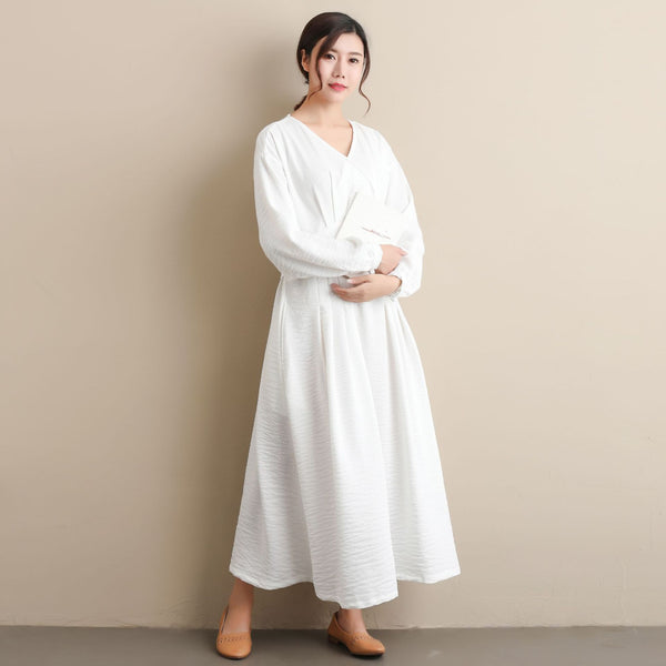 Women Modern Style Long Sleeved Wrinkle Linen and Fibre Dress